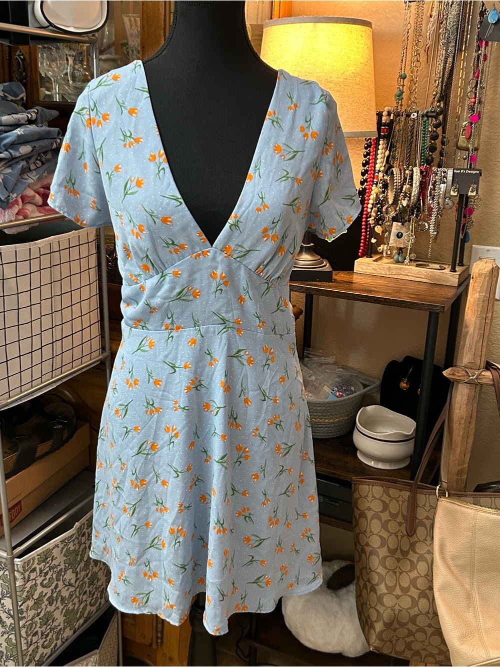 Zara Light Blue Floral V-Neck Mini Dress with Orange Blooms